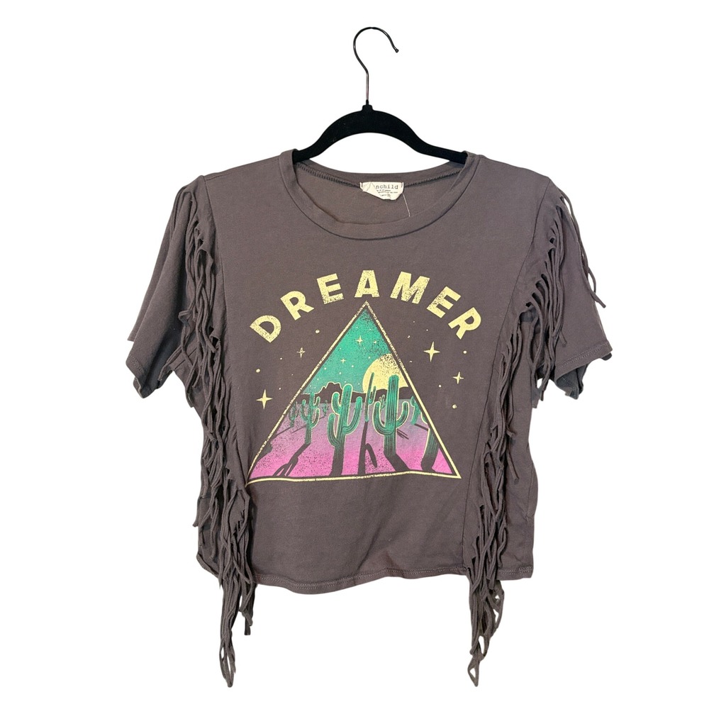 Moonchild Dreamer Fringe Graphic Tee Medium Charcoal Gray Desert Cactus Boho